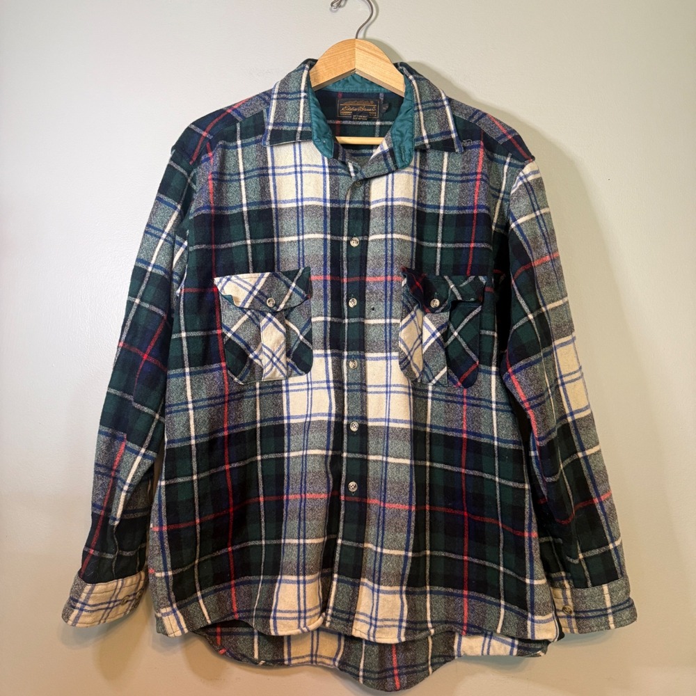 Vintage Eddie Bauer 100% Wool Plaid Flannel Shirt Mens XL Green Blue Heavyweight